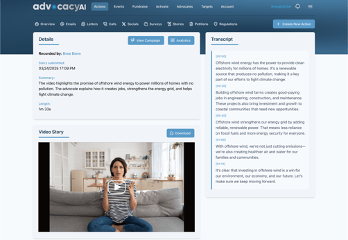 AdvocacyAI Product Photo showing a Video Story recorded by advocate