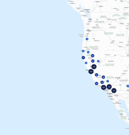 Map of US West Coast from AdvocacyAI showing number of advocates in different cities